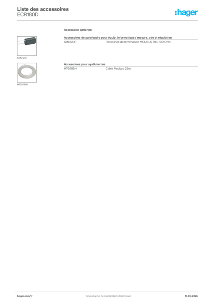 Image Hager Fiche technique du produit ECR180D | Hager France