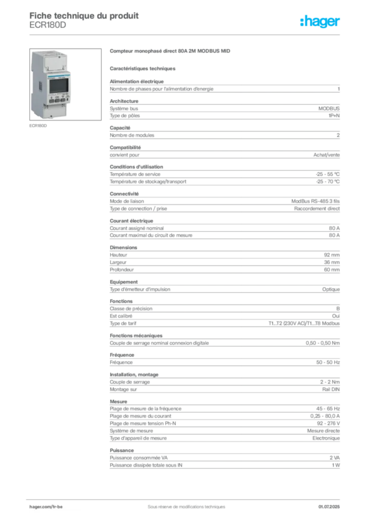 Image Hager Fiche technique du produit ECR180D | Hager Belgique