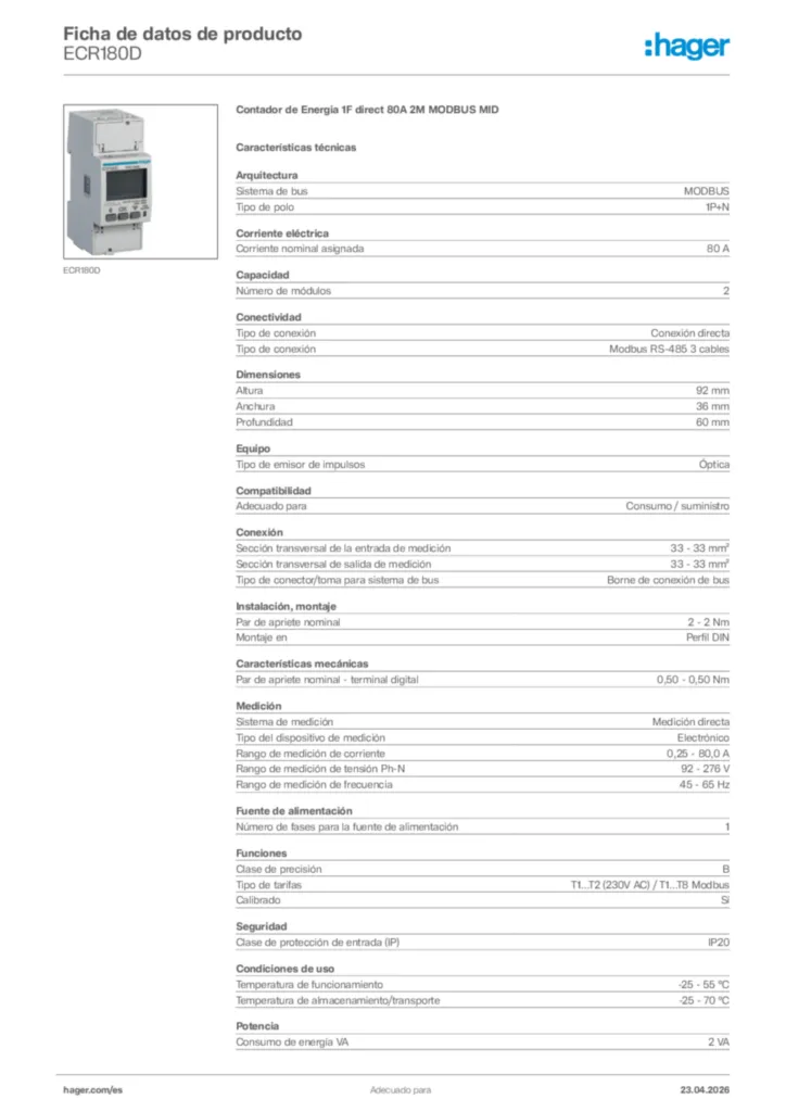 Imagen Hager Ficha de datos de producto ECR180D | Hager España