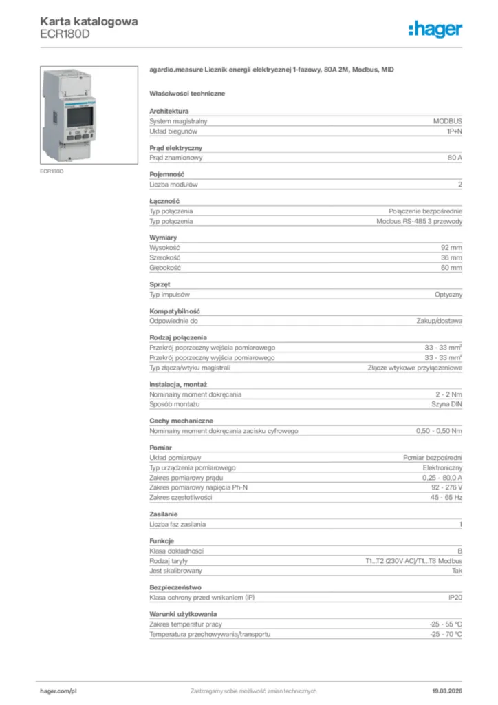 Zdjęcie Hager Karta katalogowa ECR180D | Hager Polska