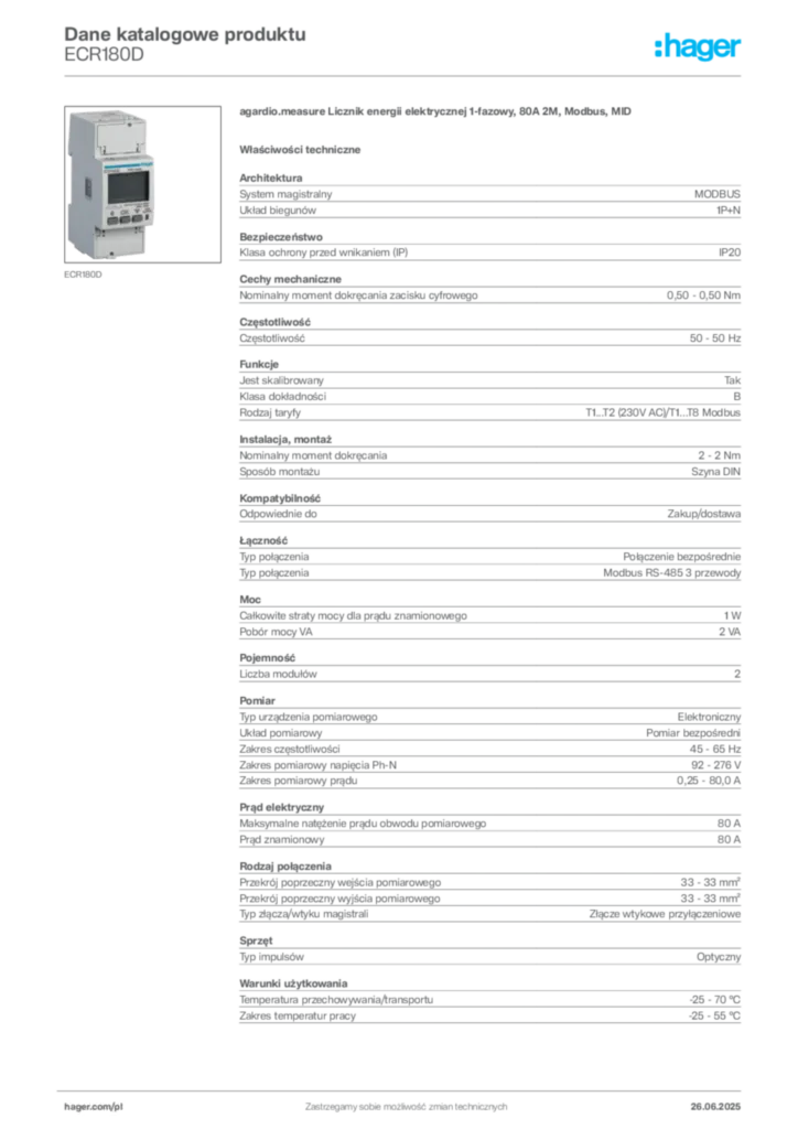 Zdjęcie Hager Dane katalogowe produktu ECR180D | Hager Polska