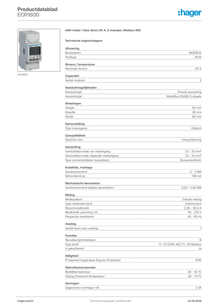 Afbeelding Hager Productdatablad ECR180D | Hager Nederland