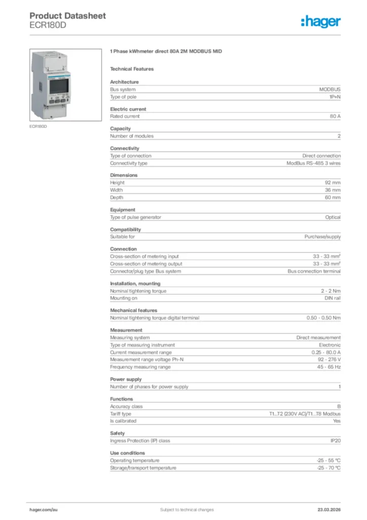Image Hager Product data sheet ECR180D  | Hager Australia