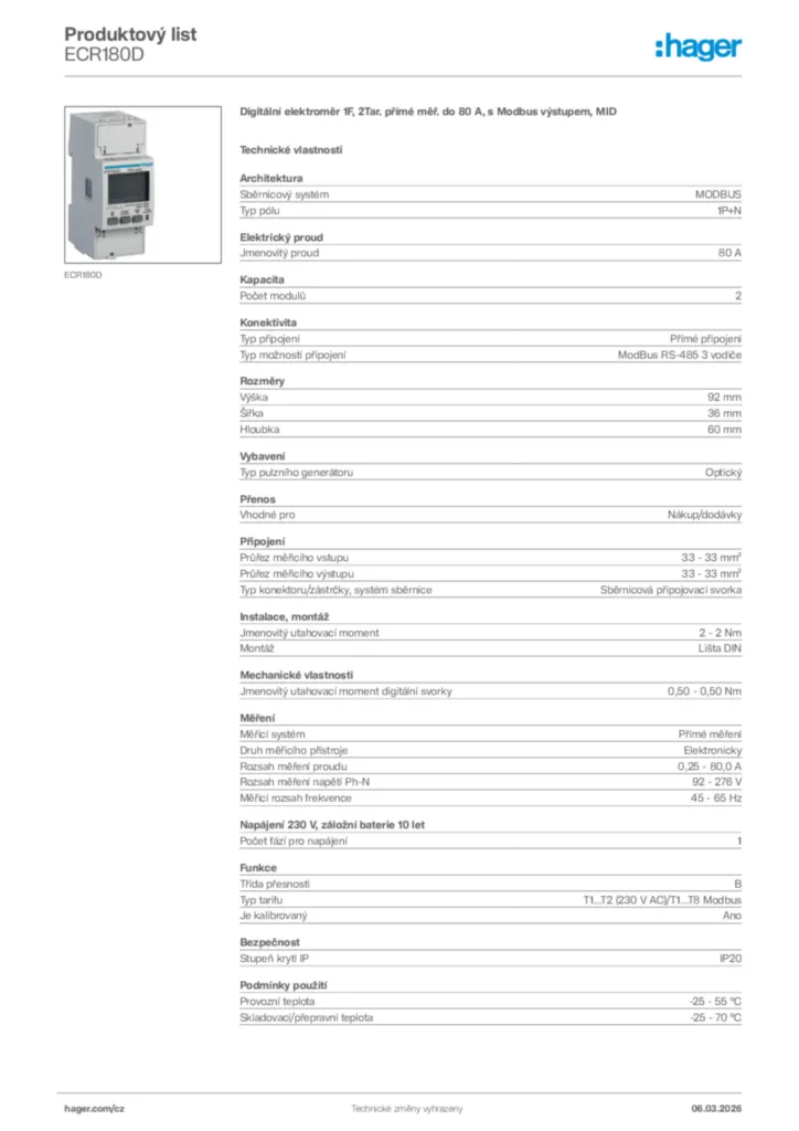 Obrázek Hager Product data sheet ECR180D | Hager