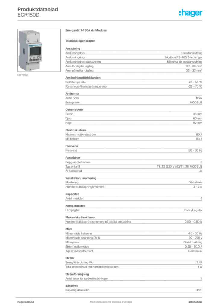 Bild Hager Produktdatablad ECR180D | Hager Sverige
