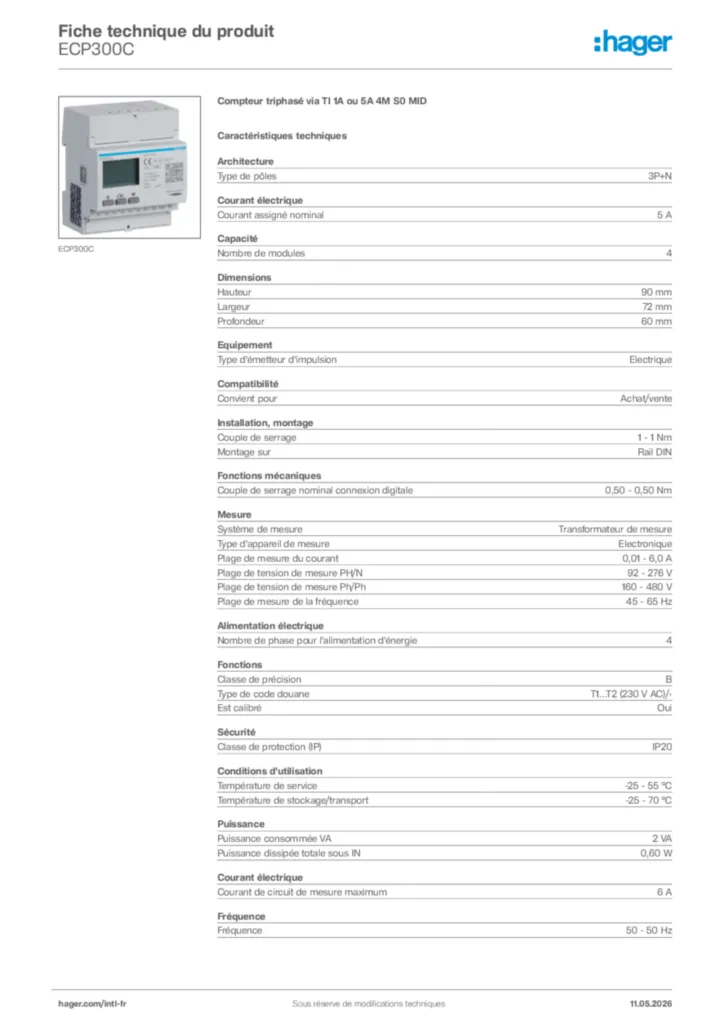 Image Hager Fiche technique du produit ECP300C | Hager Afrique