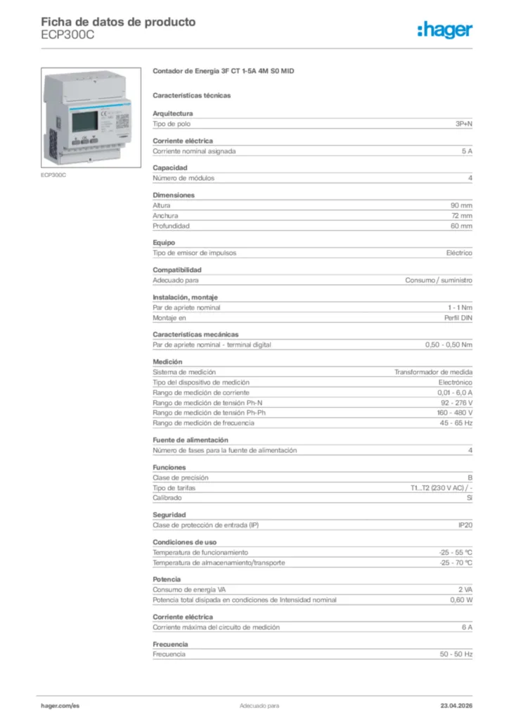 Imagen Hager Ficha de datos de producto ECP300C | Hager España