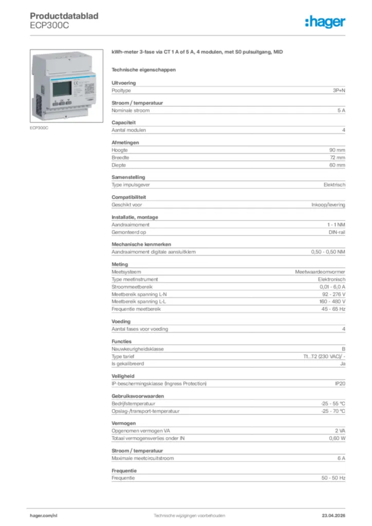 Afbeelding Hager Productdatablad ECP300C | Hager Nederland