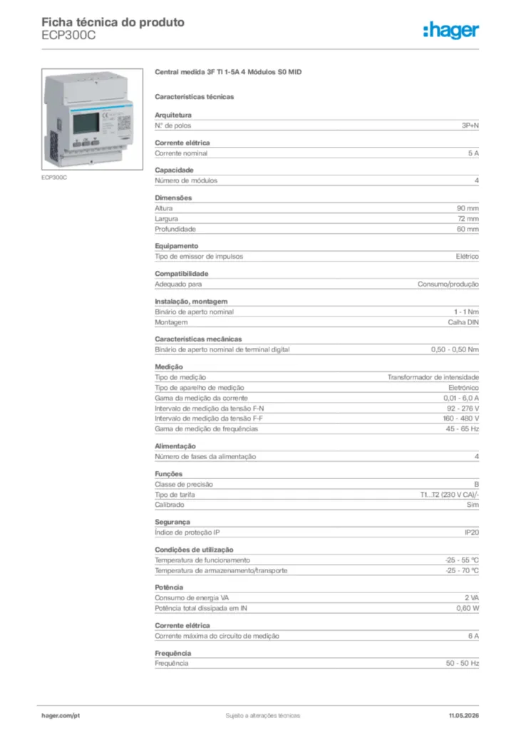 Imagem Hager Ficha técnica do produto ECP300C | Hager Portugal