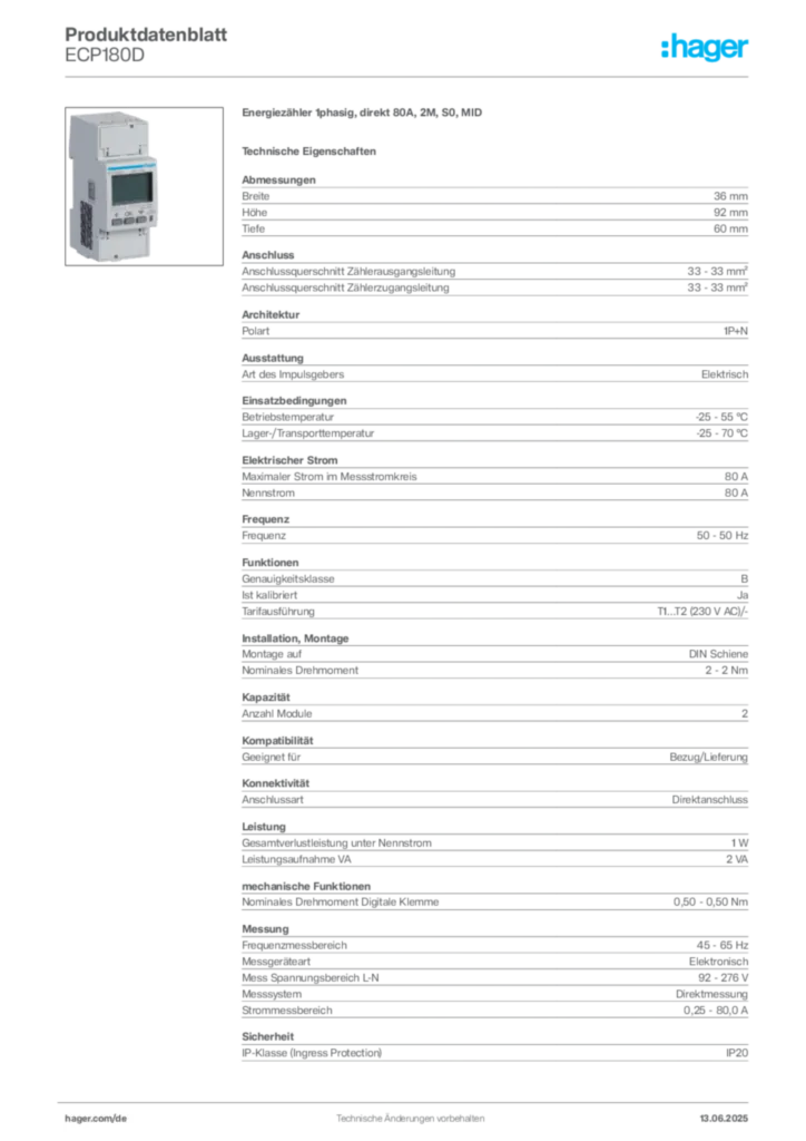 Hager Produktdatenblatt ECP180D