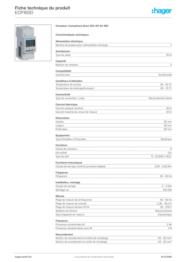 Image Hager Fiche technique du produit ECP180D | Hager Belgique