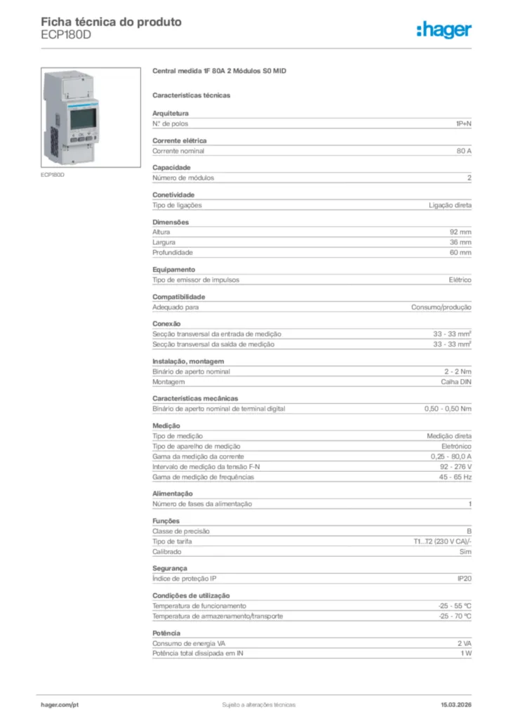 Imagem Hager Ficha técnica do produto ECP180D | Hager Portugal