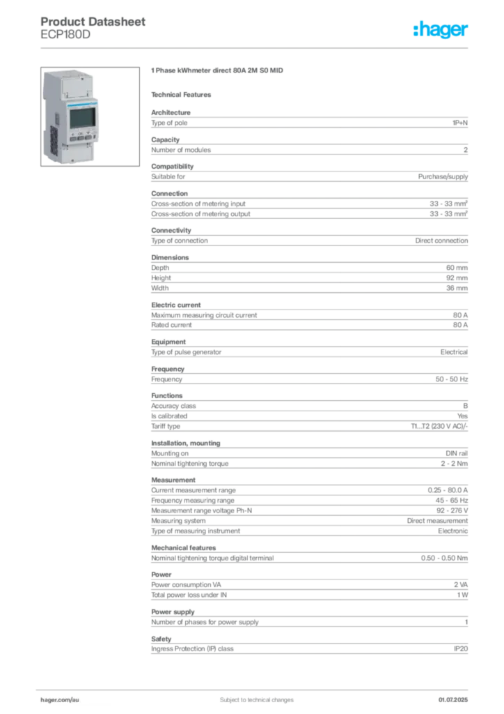 Image Hager Product data sheet ECP180D  | Hager Australia