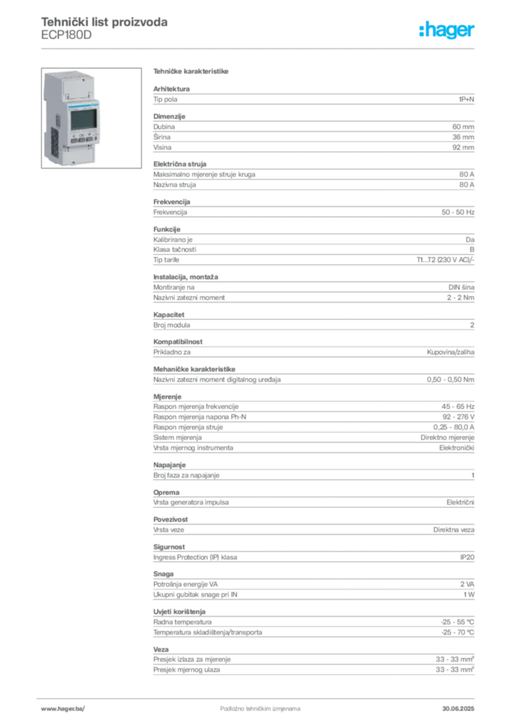 Slika Hager Product data sheet ECP180D  | Hager