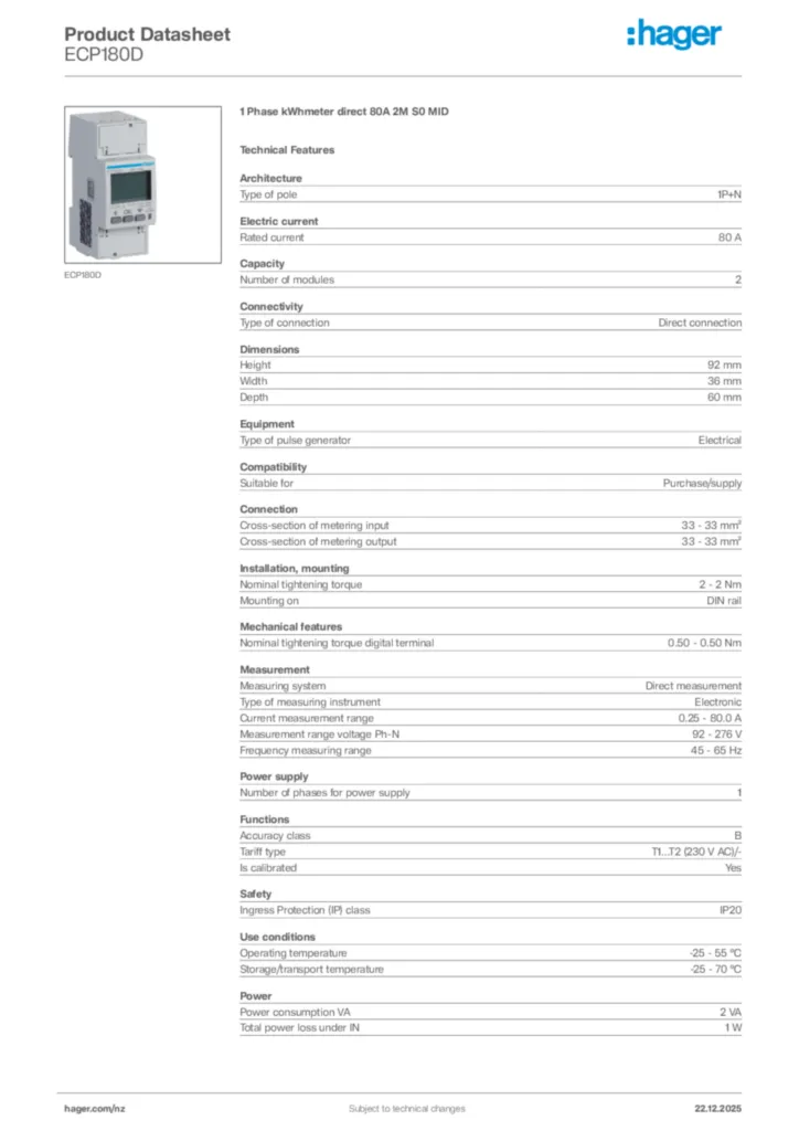 Image Hager Product data sheet ECP180D  | Hager New Zealand