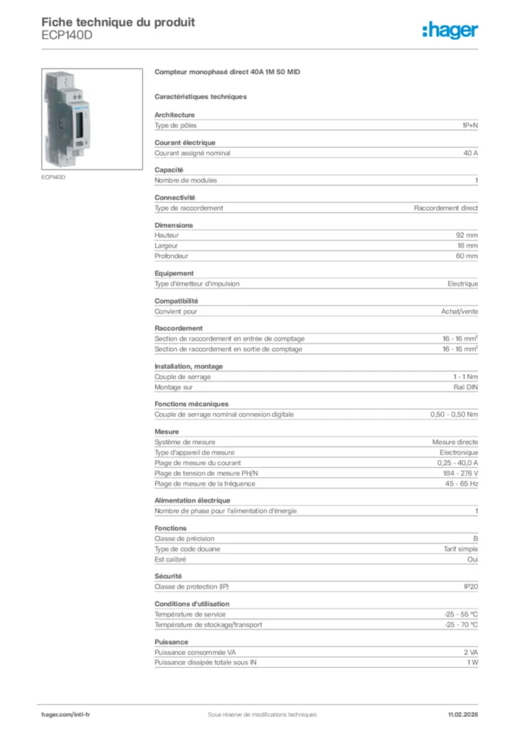 Image Hager Fiche technique du produit ECP140D | Hager Afrique