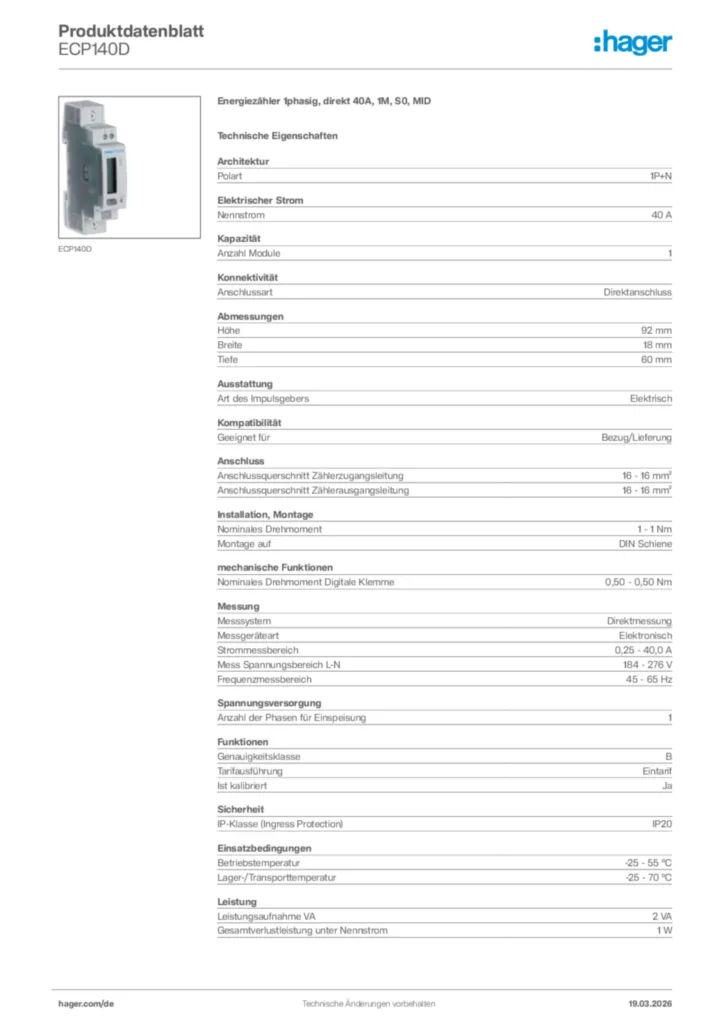 Bild Hager Produktdatenblatt ECP140D | Hager Deutschland