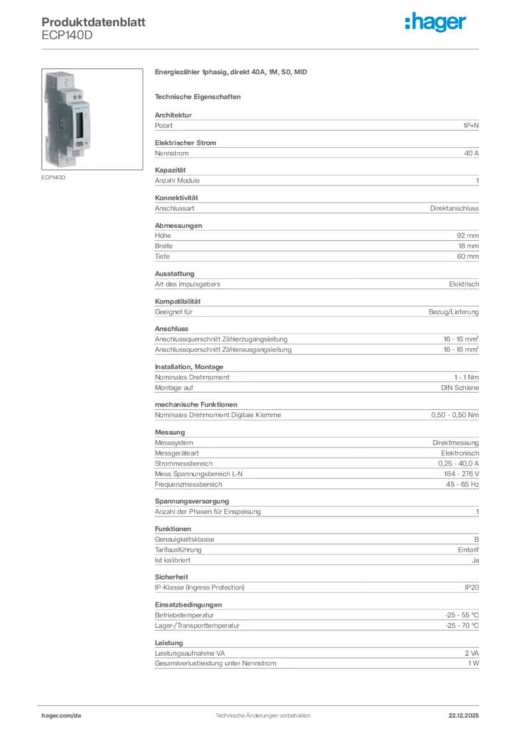 Bild Hager Produktdatenblatt ECP140D | Hager Deutschland