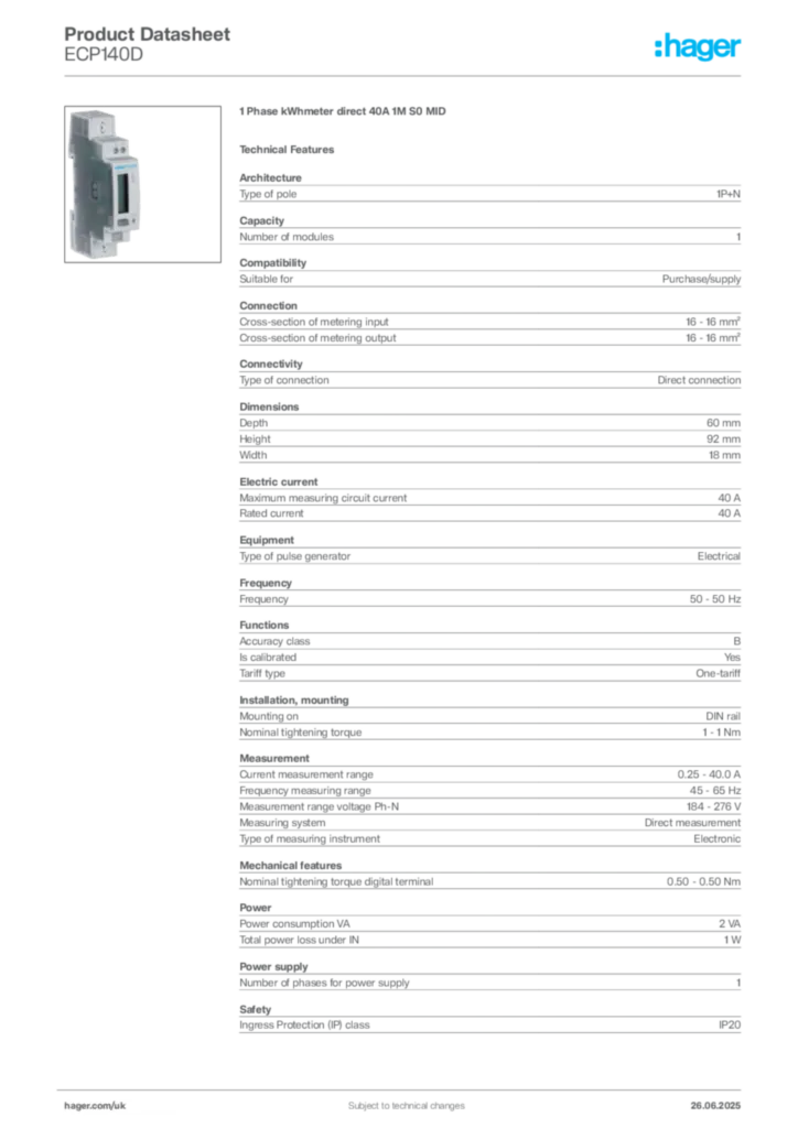 Image Hager Product data sheet ECP140D  | Hager