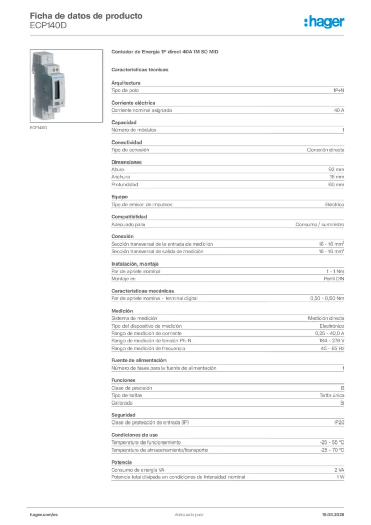 Imagen Hager Ficha de datos de producto ECP140D | Hager España