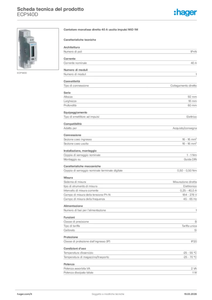 Immagine Hager Scheda tecnica del prodotto ECP140D | Hager Italia