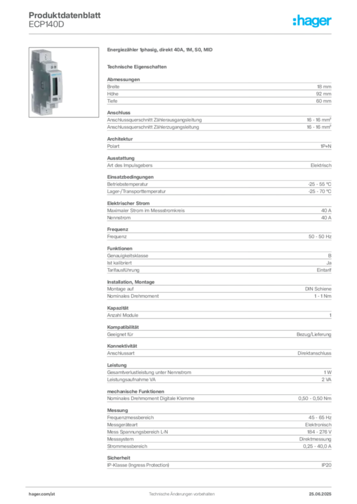 Bild Hager Produktdatenblatt ECP140D | Hager Deutschland