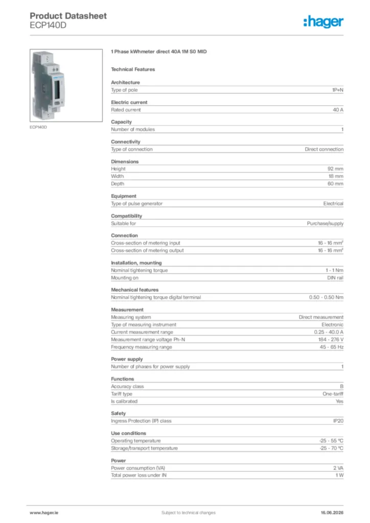 Image Hager Product data sheet ECP140D  | Hager