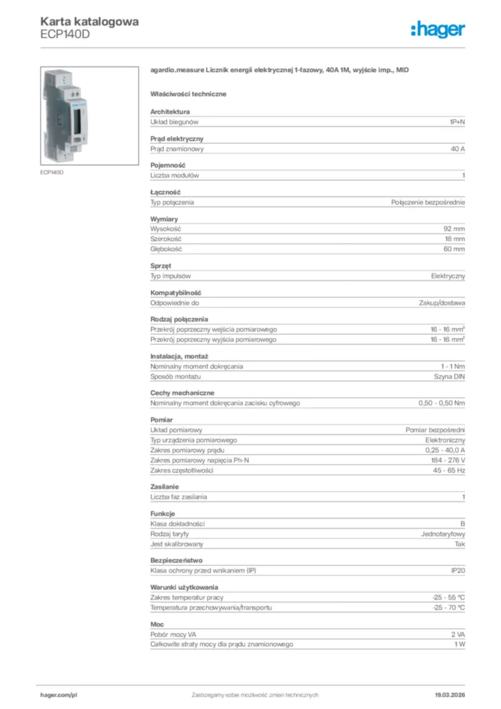 Zdjęcie Hager Karta katalogowa ECP140D | Hager Polska