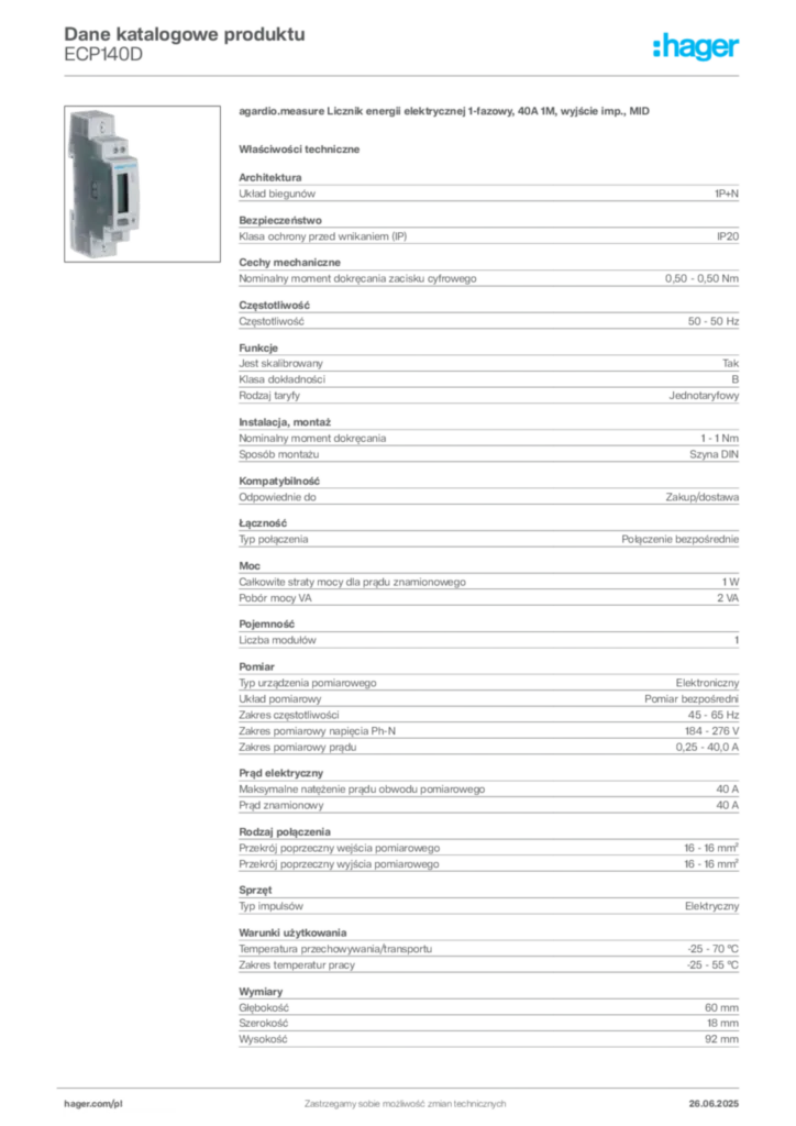 Zdjęcie Hager Dane katalogowe produktu ECP140D | Hager Polska