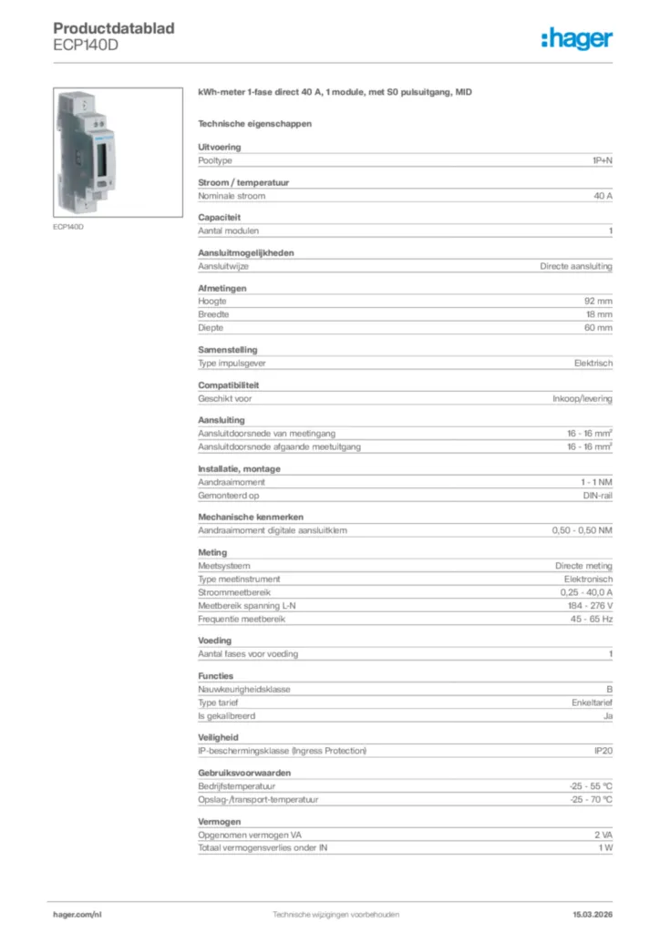 Afbeelding Hager Productdatablad ECP140D | Hager Nederland