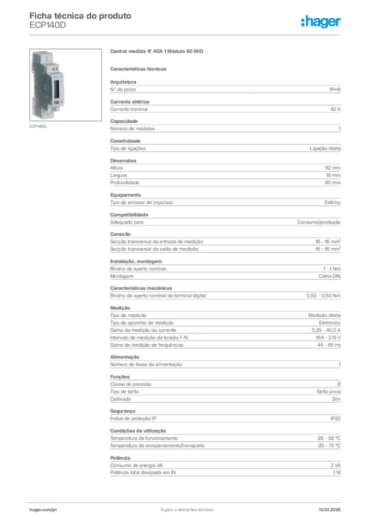 Imagem Hager Ficha técnica do produto ECP140D | Hager Portugal