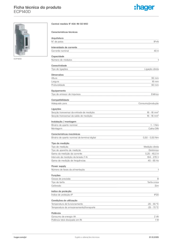 Imagem Hager Ficha técnica do produto ECP140D | Hager Portugal
