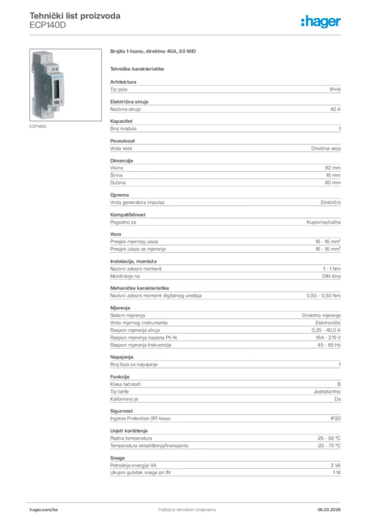 Slika Hager Tehnički list proizvoda ECP140D  | Hager