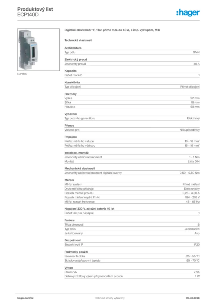 Obrázek Hager Product data sheet ECP140D | Hager