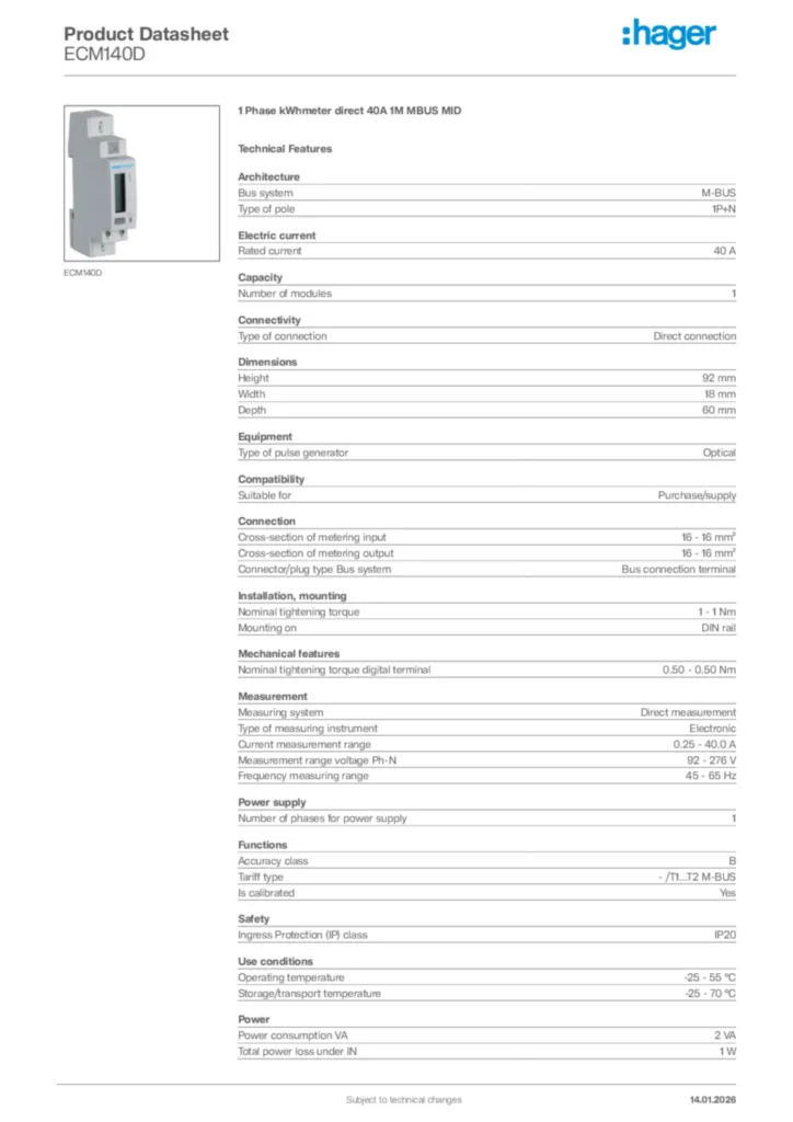 Image Hager Product data sheet ECM140D  | Hager Africa