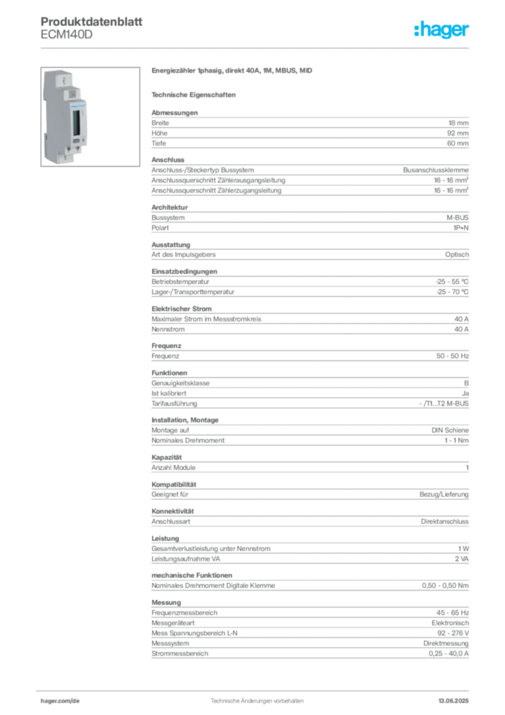 Hager Produktdatenblatt ECM140D