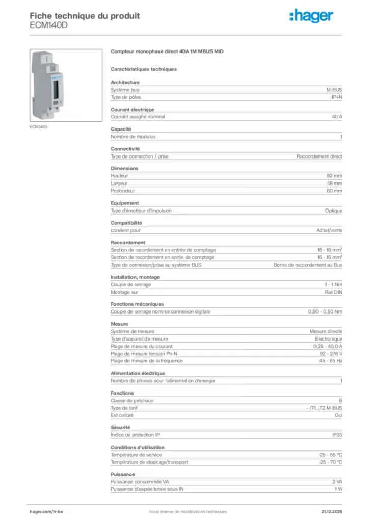Image Hager Fiche technique du produit ECM140D | Hager Belgique