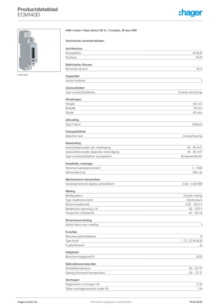 Afbeelding Hager Productdatablad ECM140D | Hager Belgium