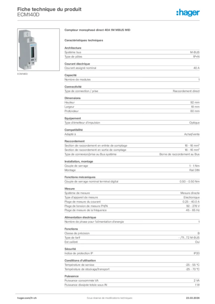 Image Hager Fiche technique du produit ECM140D | Hager Suisse
