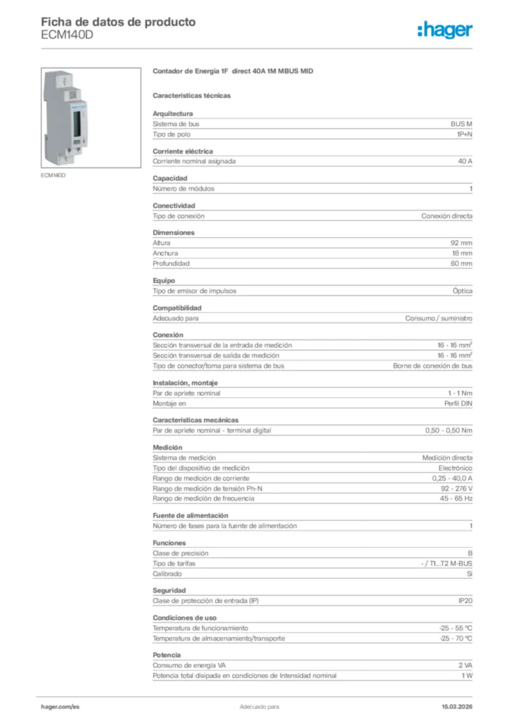 Imagen Hager Ficha de datos de producto ECM140D | Hager España