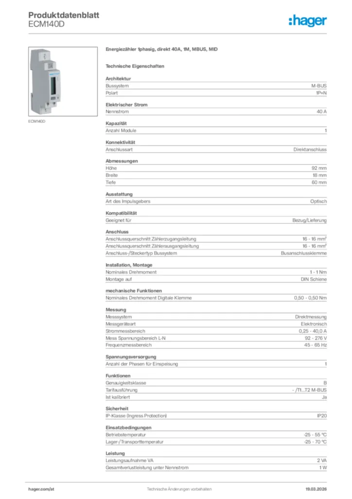 Bild Hager Produktdatenblatt ECM140D | Hager Deutschland