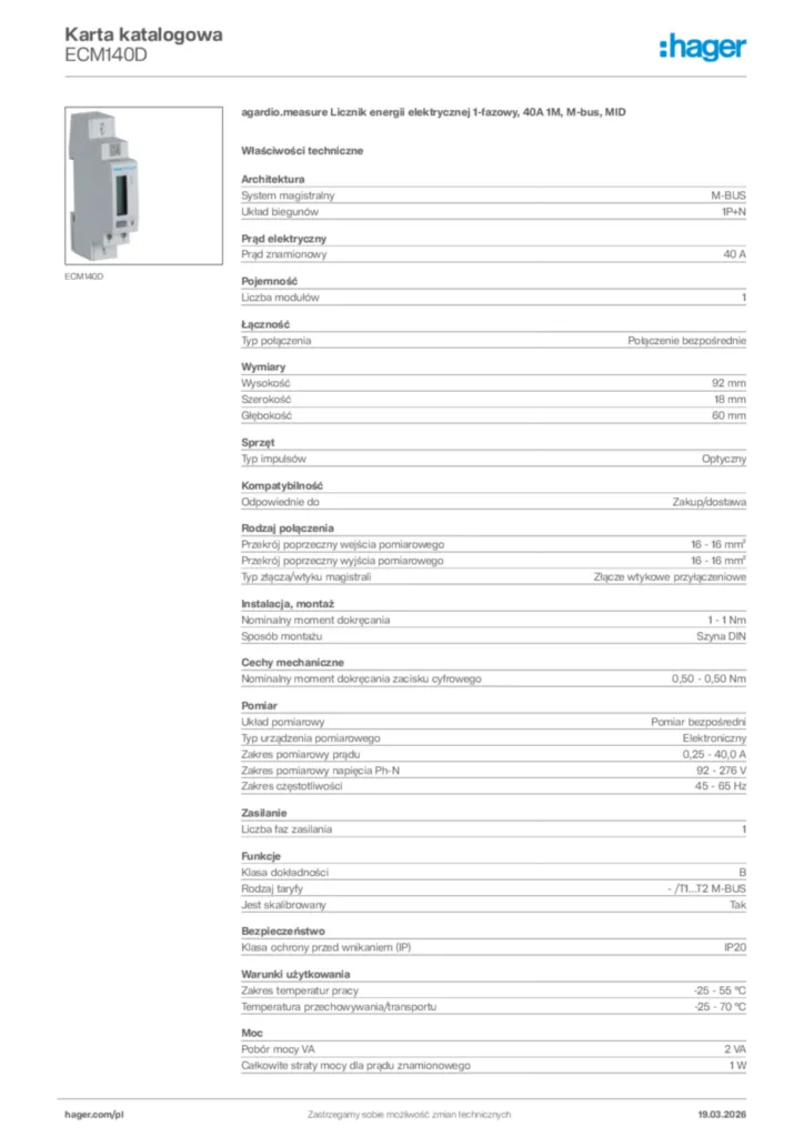 Zdjęcie Hager Karta katalogowa ECM140D | Hager Polska