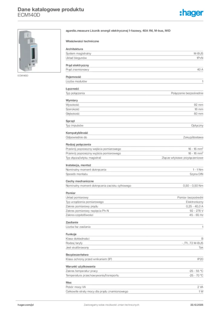 Zdjęcie Hager Dane katalogowe produktu ECM140D | Hager Polska