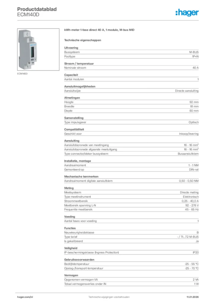 Afbeelding Hager Productdatablad ECM140D | Hager Nederland