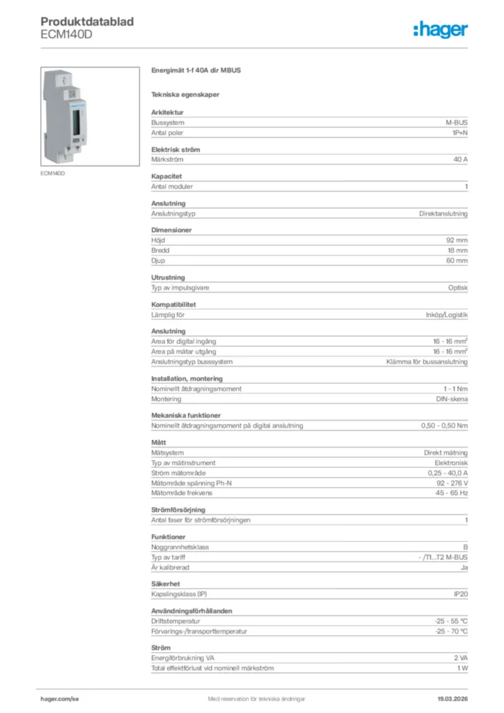 Bild Hager Produktdatablad ECM140D | Hager Sverige