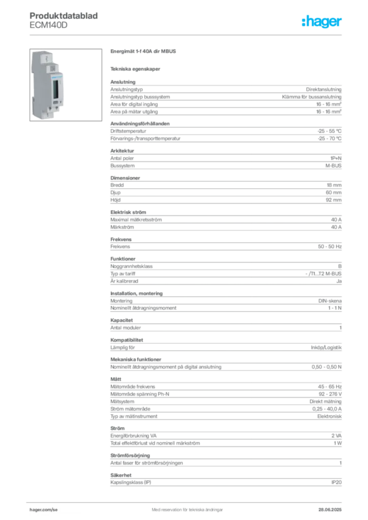 Bild Hager Produktdatablad ECM140D | Hager Sverige