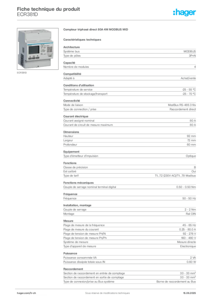 Image Hager Fiche technique du produit ECR381D | Hager Suisse