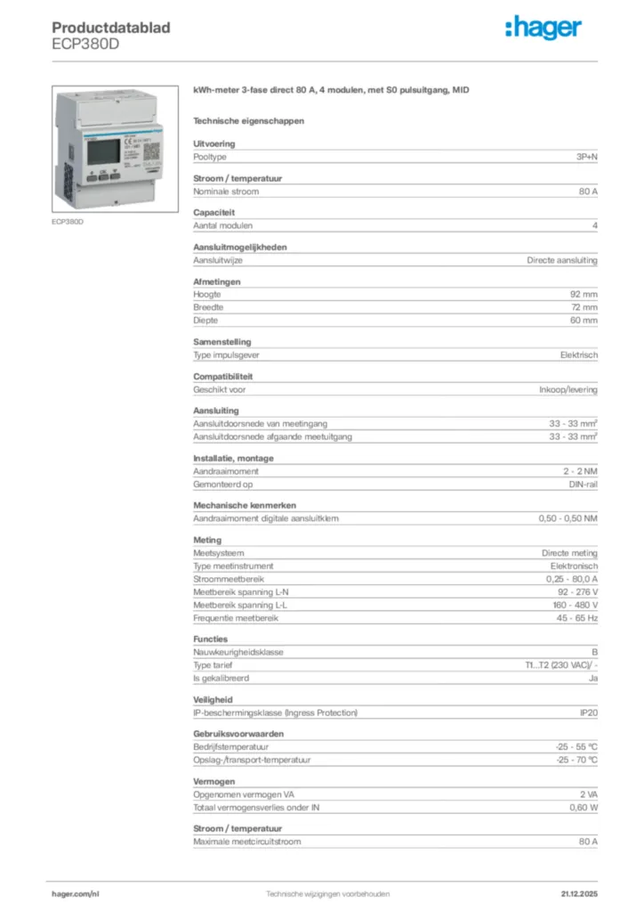 Afbeelding Hager Productdatablad ECP380D | Hager Nederland