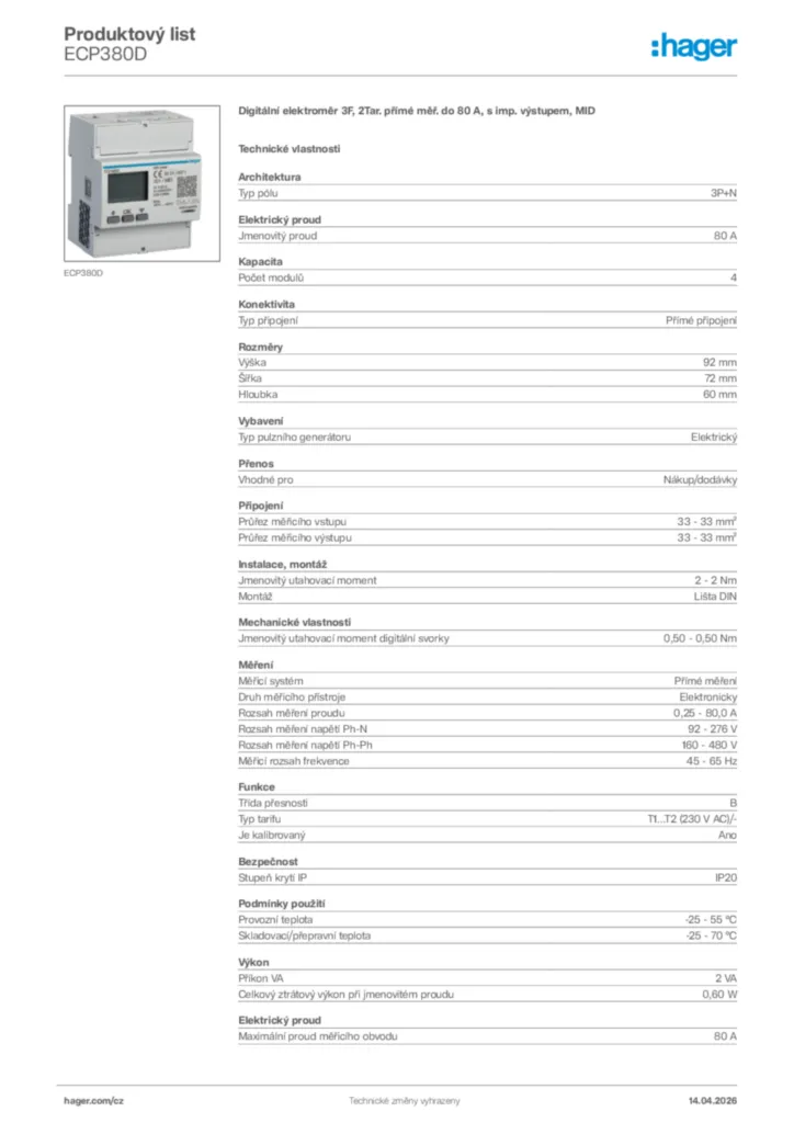 Obrázek Hager Product data sheet ECP380D | Hager
