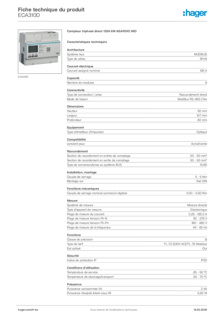 Image Hager Fiche technique du produit ECA310D | Hager Belgique